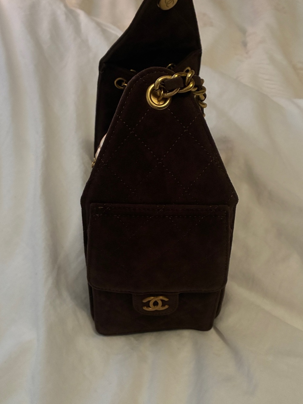 Dark Brown Suede Mini Flap Bag with Gold Hardware